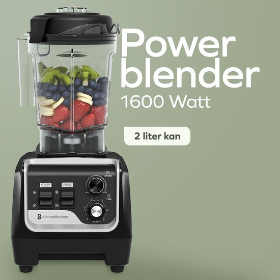 KitchenBrothers Power Blender - 1600W - 2L - Smoothie Maker - IJscrusher - Metallic Zwart