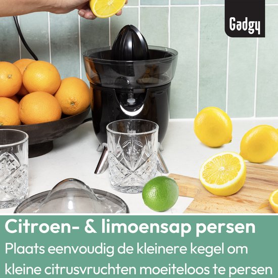 Gadgy Citruspers Elektrisch - Sinaasappelpers en Citroenpers met Schenktuit - Juicer met 2 perskegels - Antidrupsysteem - Antislip - 100W - Zwart - Vaatwasserbestendig
