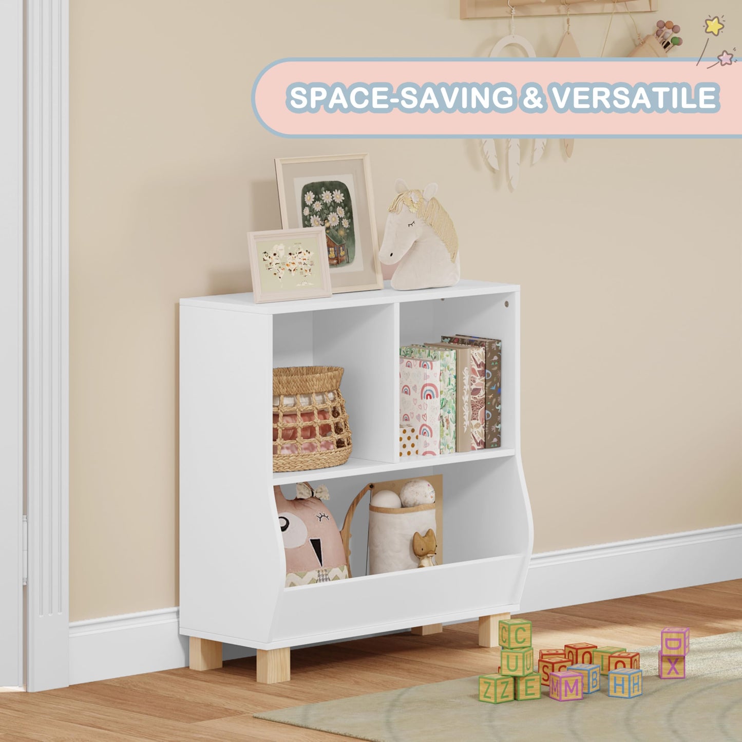 Lestarain Montessori kinder boekenkast - wit - 3 vakken - met massief houten poten - 71,5 x 77 x 34,5 cm