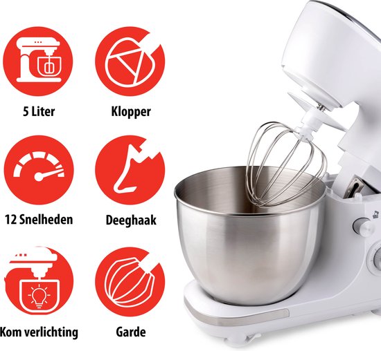 alpina Keukenmachine - Keukenrobot - 5L RVS Mengkom - 3 Accessoires - Wit