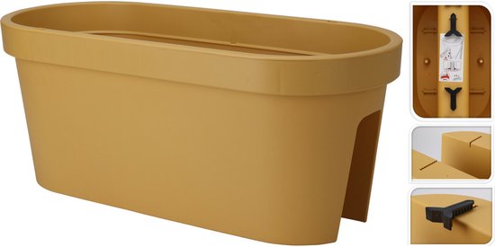 Pro Garden Balkon plantenpot/bloempot - okergeel - 60 x 25 cm - ovaal - kunststof - Reling/schutting/hangende bloempotten