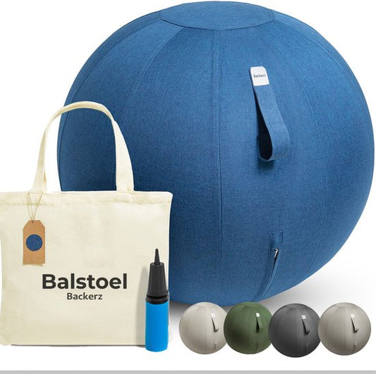 Backerz Zitbal 55 CM - Zitballen met Hoes Linnen - Ergonomische Bureaustoel Kantoor en Thuis - Luxe Yoga Bal - Donkerblauw