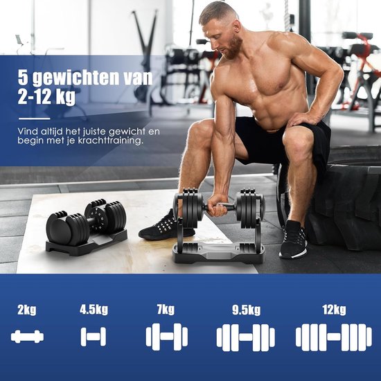 DH FitLife Verstelbare Dumbbells Set 12KG | 2 STUKS | 5-in-1 Variabele Gewichten | Verstelbare Dumbbells van 2 tot 12 kg | Krachttraining, Korte Halterset met Ruimtebesparende Halterschijven voor Thuistraining, Korte Halters Verstelbaar