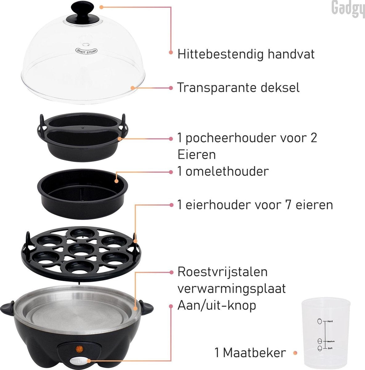 Gadgy Eierkoker Elektrisch 3-delige set - Vaatwasbestendig - Inclusief Maatbeker - Zwart -  330 Watt - 18.7x18.7x16 cm