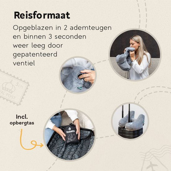 TRAVARA Opblaasbaar Nekkussen - The Airsnoozer - Reiskussen - Voor Vliegtuig en Auto - Met Oordoppen - Nek Kussen - Grijs