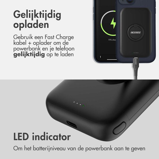 Accezz Powerbank Geschikt voor Magsafe 5000 mAh - Batterij LED-display - USB C - 18 Watt - Draadloze Powerbank Geschikt voor iPhone 12/13/14/15 - Zwart
