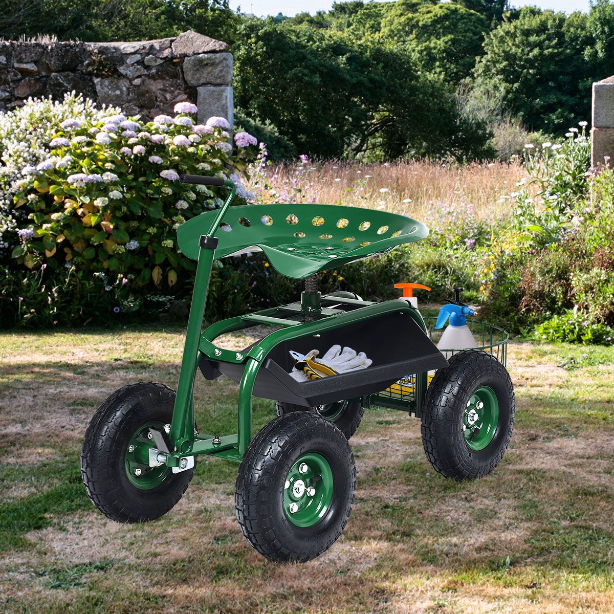 Coast Tuinwagen met opbergmand - in hoogte verstelbare handgreep - ergonomische zitting - groen