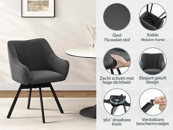 Draaibare Eetkamerstoelen Set van 2 met Armleuningen en Fluwelen Bekleding Donkergrijs