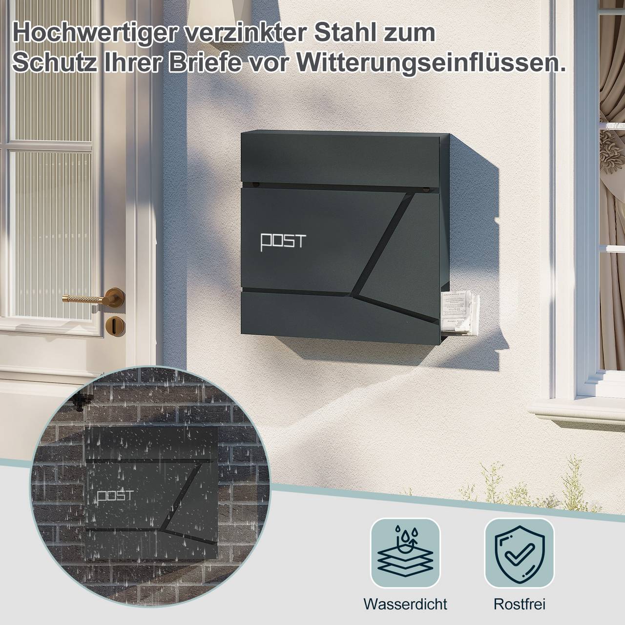 Woltu Brievenbus met Krantenvak - Antraciet - Staal - 37 x 37 x 10,5 cm