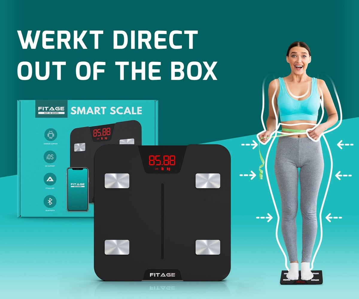 FITAGE Smart Weegschaal – App-tracking & bluetooth - 17 Lichaamswaarden – 180 kg capaciteit – 28 x 28 x 2,5 cm – Zwart