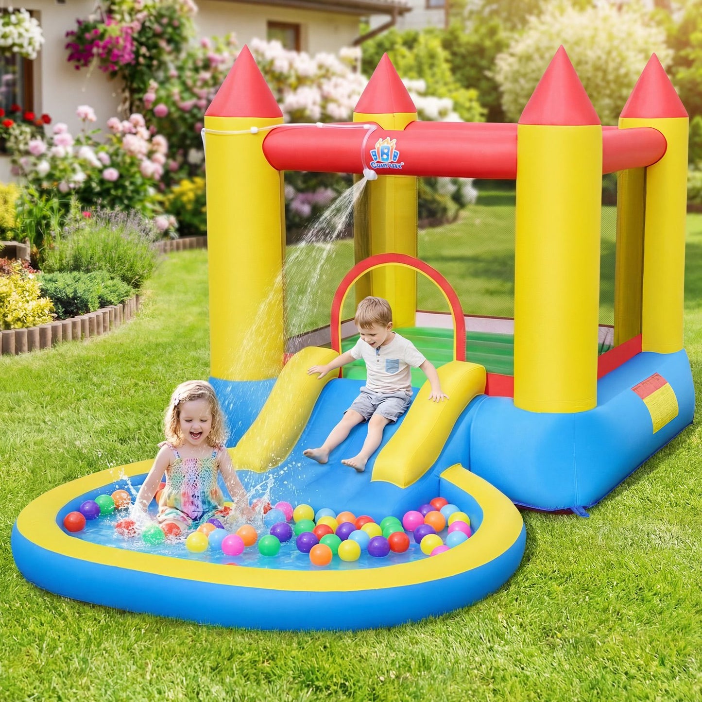 Coast 3-in-1 Opblaasbaar Springkasteel met Glijbaan en Ballenbad - 362 x 196,5 x 193 cm - Meerkleurig