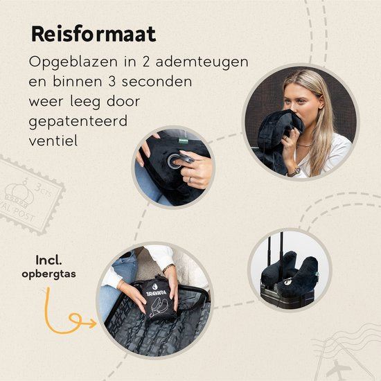 TRAVARA Opblaasbaar Nekkussen - The Airsnoozer - Reiskussen - Voor Vliegtuig en Auto - Met Oordoppen - Nek Kussen - Zwart