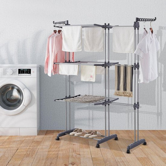 Vonia Droogtoren - Droogrek - Wasrek - Wastoren Dubbel - 3 Lagen - Inklapbaar - 150 x 50 x 171 cm - Grijs