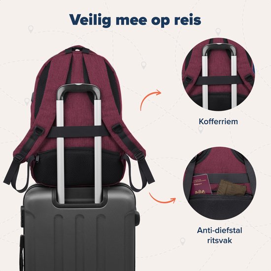 TRVLMORE Rugzak met Levenslange - Rugtas met 15,6 Inch Laptopvak - Schooltas - Spatwaterdicht - Heren en Dames - Jongens en Meisjes - 28L - Burgundy