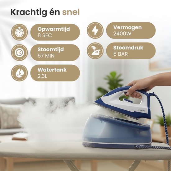 Vapore Stoomstrijkijzer met Stoomgenerator - 8 Sec Opwarmen - 2400W - 5 Bar - 2.3L Tank - 57 Min Stomen - Strijkijzer met Station - Keramische Zoolplaat