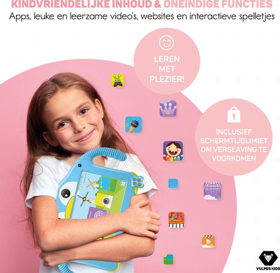 Vulpes Goods® Kids - Kindertablet - Tablet Kinderen - Ouder Control App - 100% Kids Proof - 3500 mAh - Android 10 Go - Incl. Ingebouwde Beschermhoes, Screenprotector & Oogbescherming - 32 GB - Met Touchscreen Pen- PRO versie - Blauw