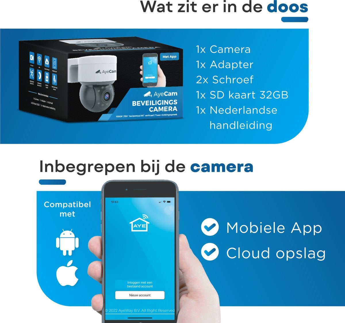 AyeCam Beveiligingscamera Buiten - 360PRO - FULL HD - Bewakingscamera - Incl. 32GB SD