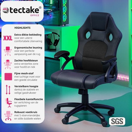 tectake® - bureaustoel gamingchair - luxe burostoel kantoorstoel - racingstoel burostoel gamestoel Tyson - zwart