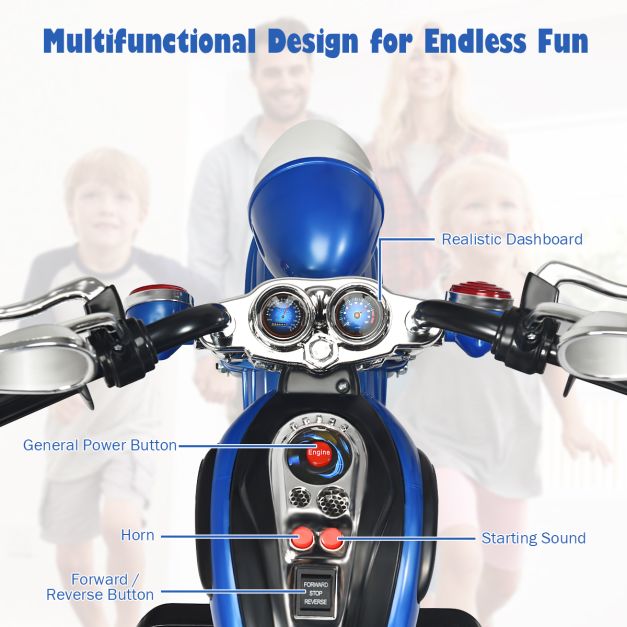 Coast Elektrische Motorfiets – 6V – Met Verstelbare Koplamp & Muziek – Blauw/Zwart – 91 x 48 x 64 cm