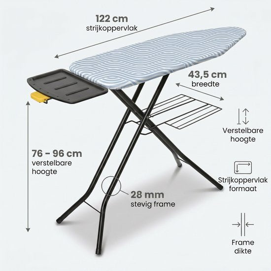 STAUS&BACH Strijkplank X - voor Stoomgenerator - 122 x 43,5 cm - Inclusief mouwplankje en opvouwrek - 76 - 96 cm in hoogte verstelbaar - Met stoomunithouder stoomstrijkijzer - Blauw - Ironiq Pro