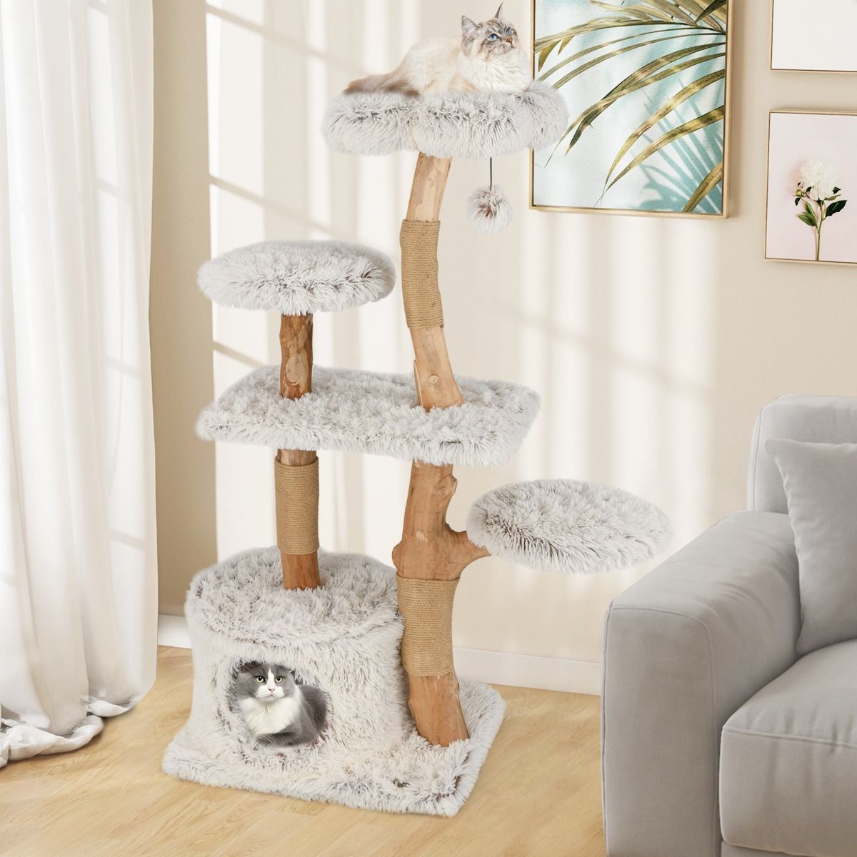 Coast Kattenboom 135 cm Massief Perenhout - Jute Krabpalen - Pluchen Zitstok - Wit/Naturel