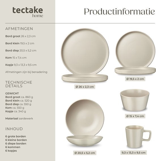tectake® Serviesset Una - 30-delig - Aardewerk - 6 Persoons - Stijlvol en Duurzaam Servies - Bordenset met Grote en Kleine Borden, Kommen, Schaaltjes
