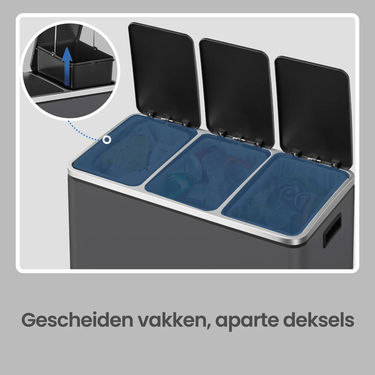 Joyfurnos Prullenbak 3-Compartimenten 61x31,5x55,5 cm Grijs Soft-Close RVS Keukenafvalbak