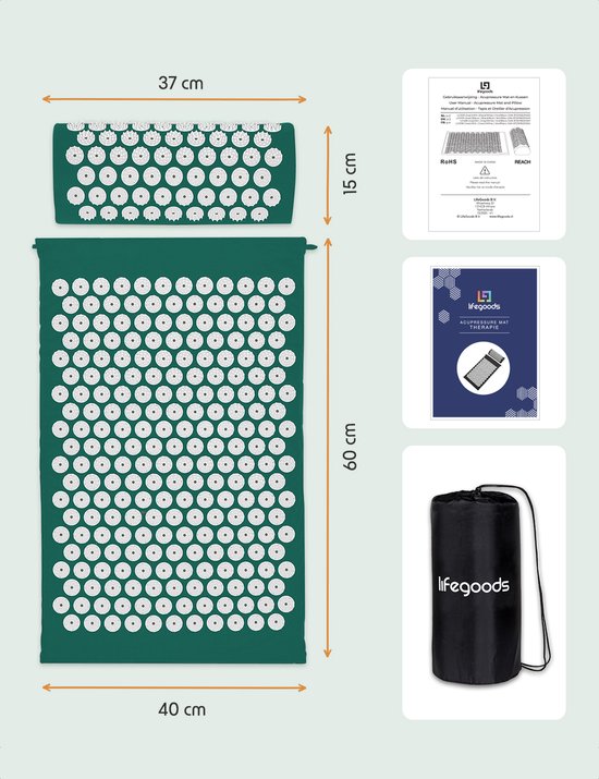 LifeGoods Acupressuurmat – Incl. Kussen & 2 Triggerballen – 66 x 40 x 2 cm – Groen/Wit