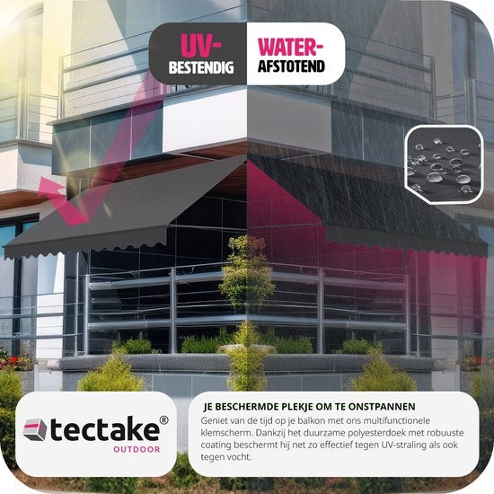 tectake - klemluifel - Zonnescherm – Zonneluifel - Verstelbaar - Klem-zonwering - Zonnescherm Balkon - 350 x 180 cm - zwartgrijs – zonwering - 404968