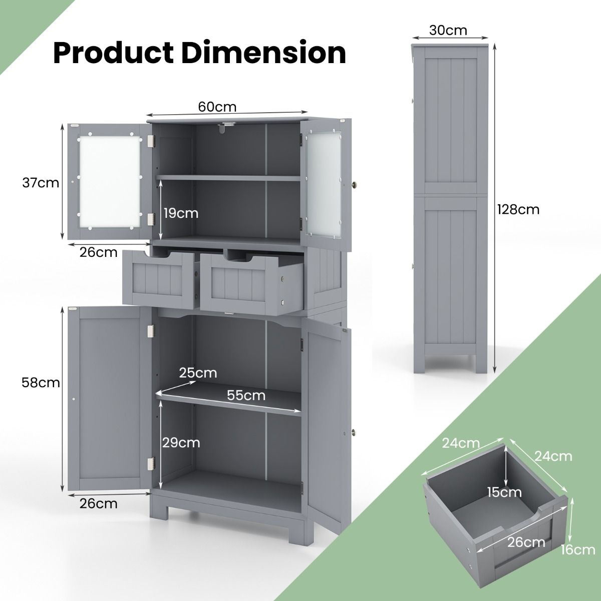 Coast Staande Kast 4 Deuren met 2 Glazen Deuren, 2 Lades en Verstelbare Planken – Grijs, 60 x 30 x 128 cm