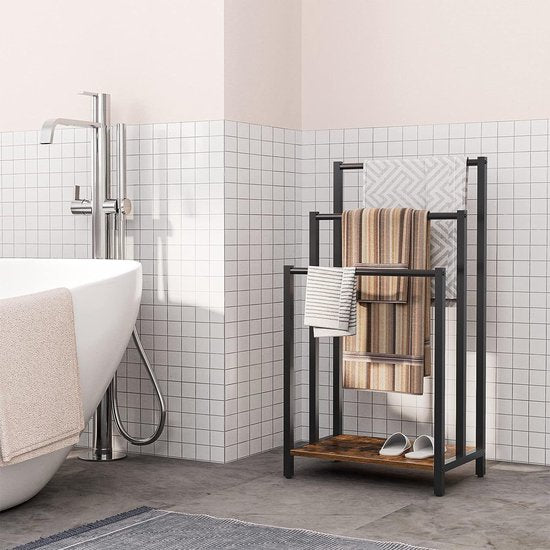 Ceruzo Handdoekrek - Industrieel- Vrijstaand - Metaal - 3 Armen - Mat Zwart-Houtlook-Badkamer / Keuken