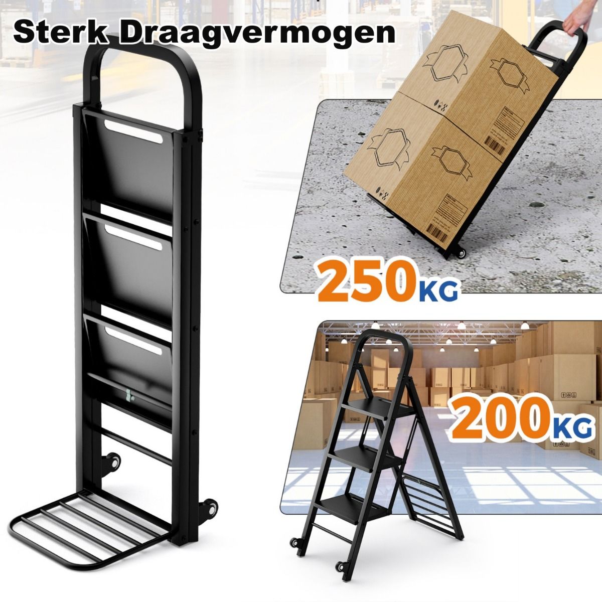 Coast Opvouwbare Trapladder en Trolley - 2-in-1 ontwerp - 3 brede treden - Zwart