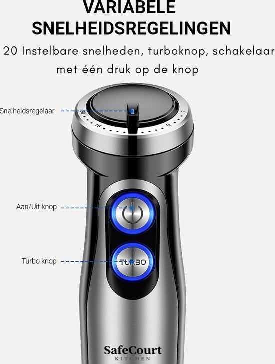 Safecourt Kitchen Staafmixer Set -  5 in 1 Multifunctionele Staafmixer - 20 Snelheden - 1000 Watt - Hakmolen - Inclusief Melkopschuimer & Maatbeker