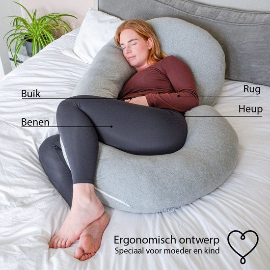 EL-Life Zwangerschapskussen XXL C-vorm - Zijslaapkussen - Lichaamskussen - Voedingskussen - Body Pillow - 150x70cm - Afneembare Jersey Katoenen Hoes, Lichtgrijs