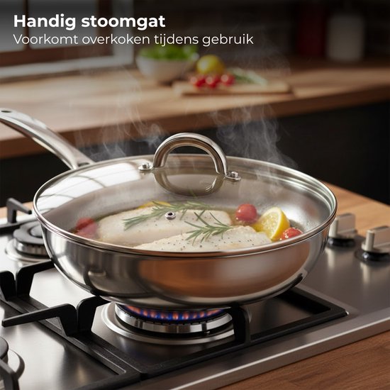 Lomera Glazen Pannendeksel - Deksel voor Pan - Deksel Met Stoomgat - Rvs Rand - Vaatwasmachinebestendig - Vervangend Deksel - Hittebestendig Glas - Deksel Voor Pannen - Deksel Voor Koekenpan