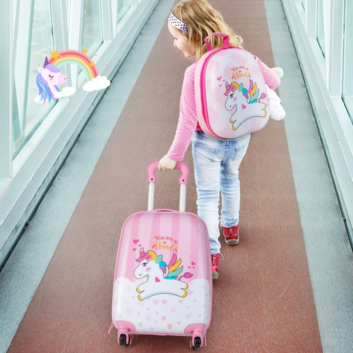 Coast kinderkoffer + rugzak - eenhoorns - 2-delig - handbagage - roze