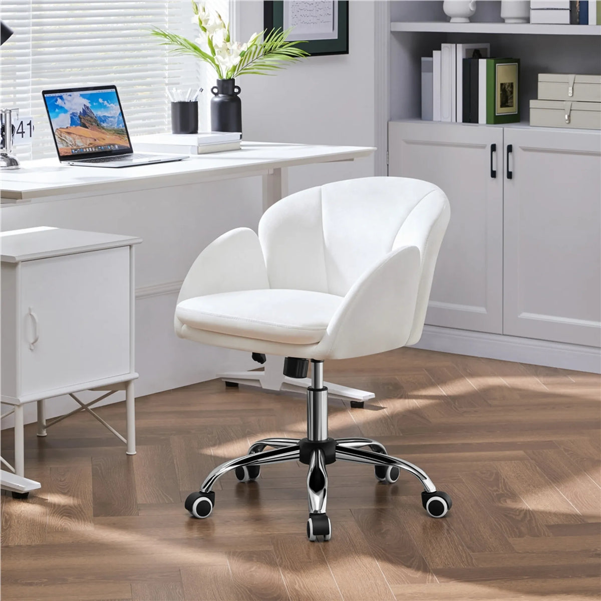 Yaheetech Stijlvolle Bureaustoel met Bloemdesign 72-81,5 cm – Sneeuwwit – Polyester en Metaal