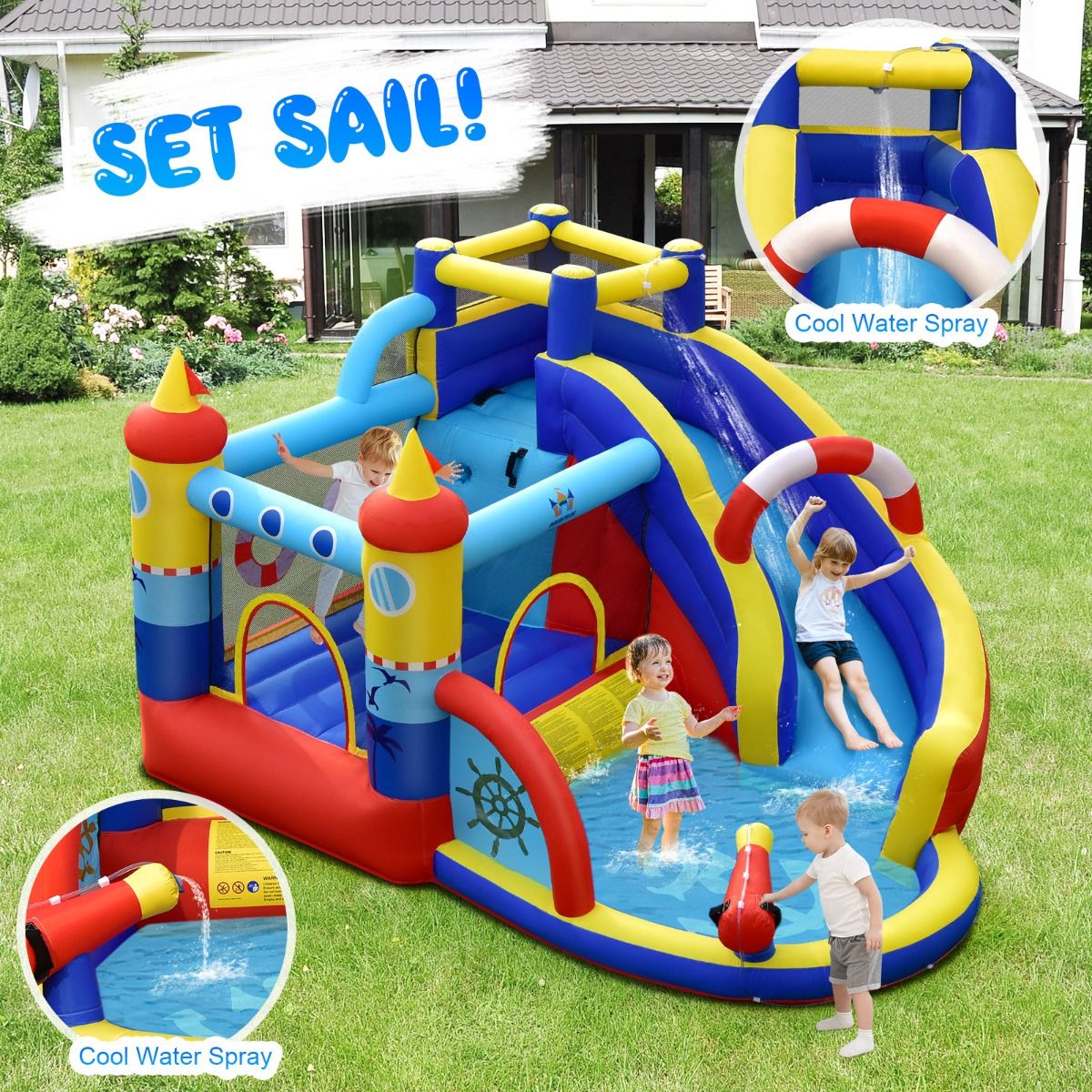 Coast Opblaasbaar Speelkasteel Piratenschip - 5-in-1 Waterpark met Glijbaan en Klimwand - Inclusief Waterpistool en Ventilator - 360 x 290 x 200 cm