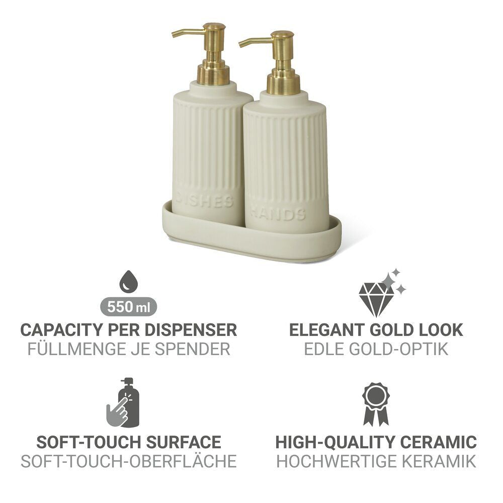 WENKO Heidi Zeep- en Afwasmiddeldispenser Set Crème - 2 x 550 ml - Keramiek