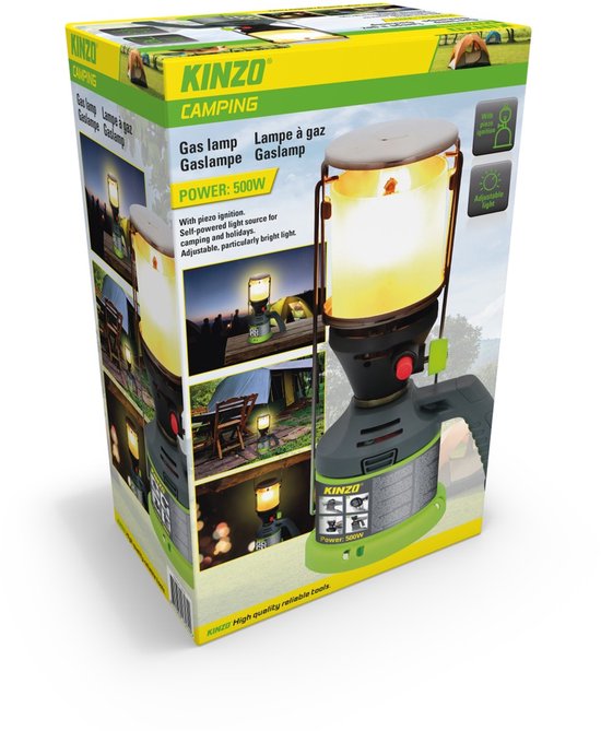 Kinzo Gaslamp – Campinglamp op Gas – Met Piezo Ontsteking en Handvat – Inclusief 3 Gaskousjes – 500W