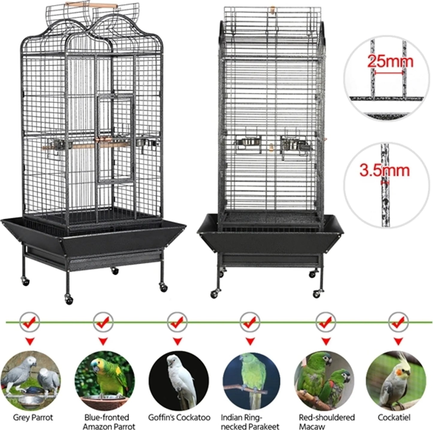 Yaheetech Vogelkooi Papegaaienkooi – 81 x 77 x 154-160 cm – Voorzien Van Openklapbaar Victoriaans Dak En Vuilopvangbak En Verrijdbaar Onderstel – Voor Papegaaien En Grote Vogels – Zwart Gehamerd Metaal