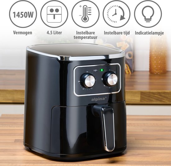 alpina Airfryer 4.5L- Heteluchtfriteuse voor 3 tot 4 Personen - Air Fryer met Instelbare Temperatuur van 80°C tot 200°C - Timer tot 60 Minuten - Hetelucht Friteuse 1450W - Zwart