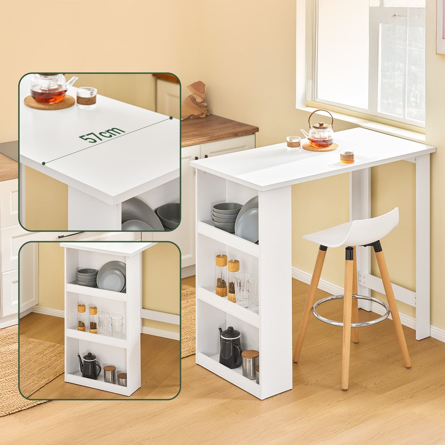 SoBuy FWT17-II-W Bartafel – Hoge Keukentafel met Opbergruimte – Compacte Staantafel voor Keuken, Woonkamer of Koffiebar – Wit – 112 x 57 x 106 cm