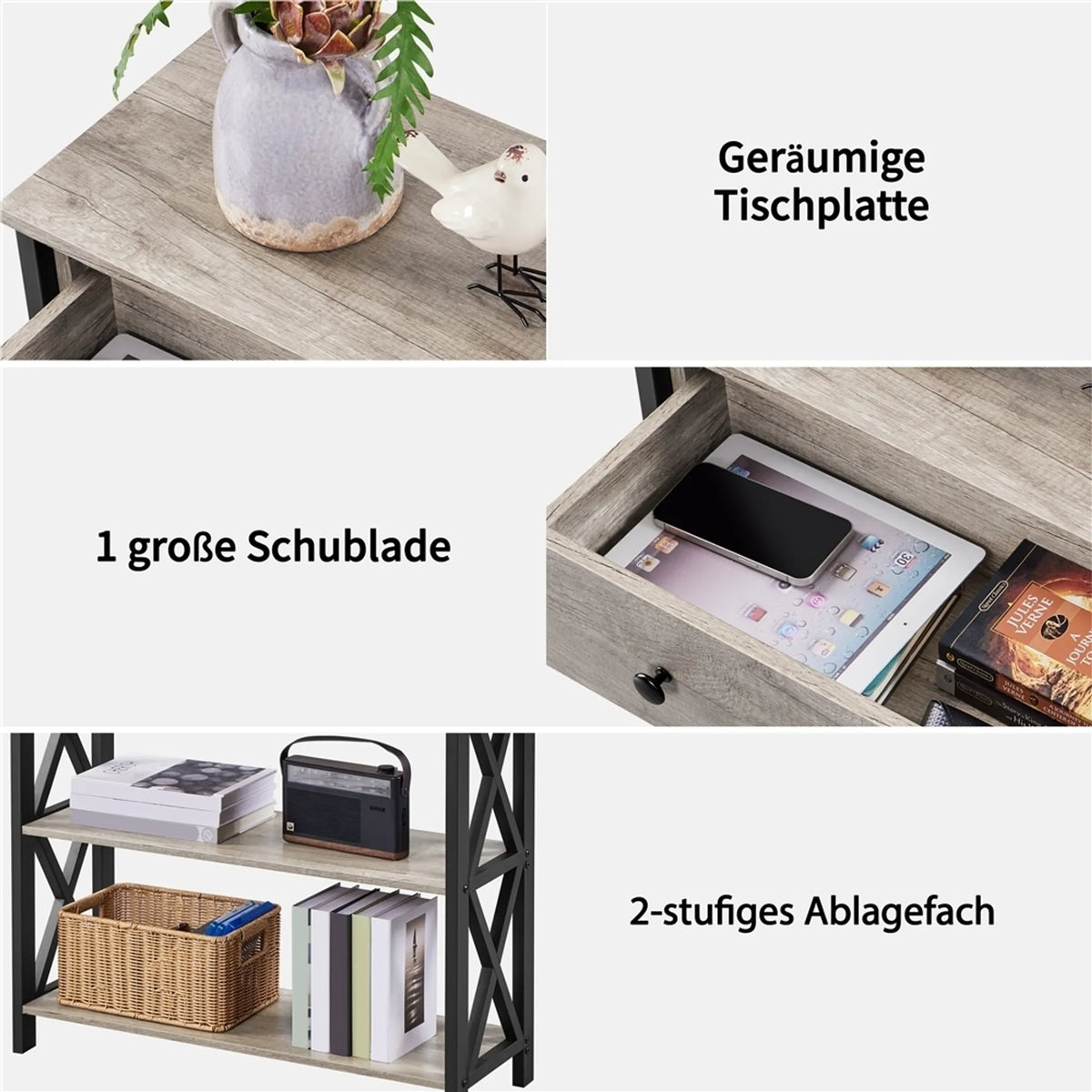 Yaheetech Wandtafel 80x29,5 cm met Schuiflade en 2 Legplanken – Grijs – MDF en Metaal