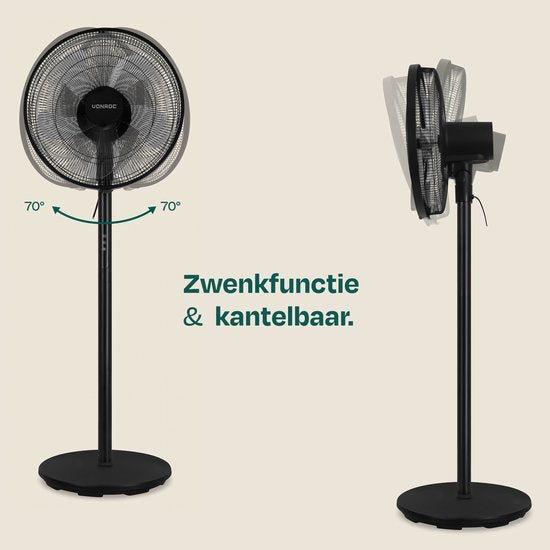 VONROC Vloerventilator - Ø 45,5cm - 3 snelheden – timer - verstelbaar in 3 hoogtes - incl. afstandsbediening - zwart
