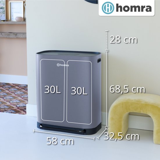 Homra Rockx Pedaalemmer 60 Liter - Duo Prullenbak 2X30L met Geurfilter - RVS Afvalscheidingsprullenbak 2 Vakken - Recycle Afvalbak - Vuilnisbak Keuken afval scheiden - Afvalemmer - Dubbele Prullenbak Grijs