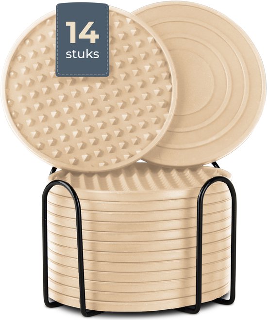Castagnola Siliconen Onderzetters – Onderzetters voor Glazen – Design Onderzetters met Houder – Onderzettersset – Anti Slip - Set van 14 – Beige