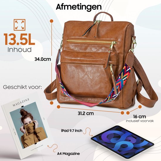 Glennoo rugzak - Rugtas dames - Waterdicht - Klein - Anti-diefstal Vakje - Rug-, Schouder-, Handtas