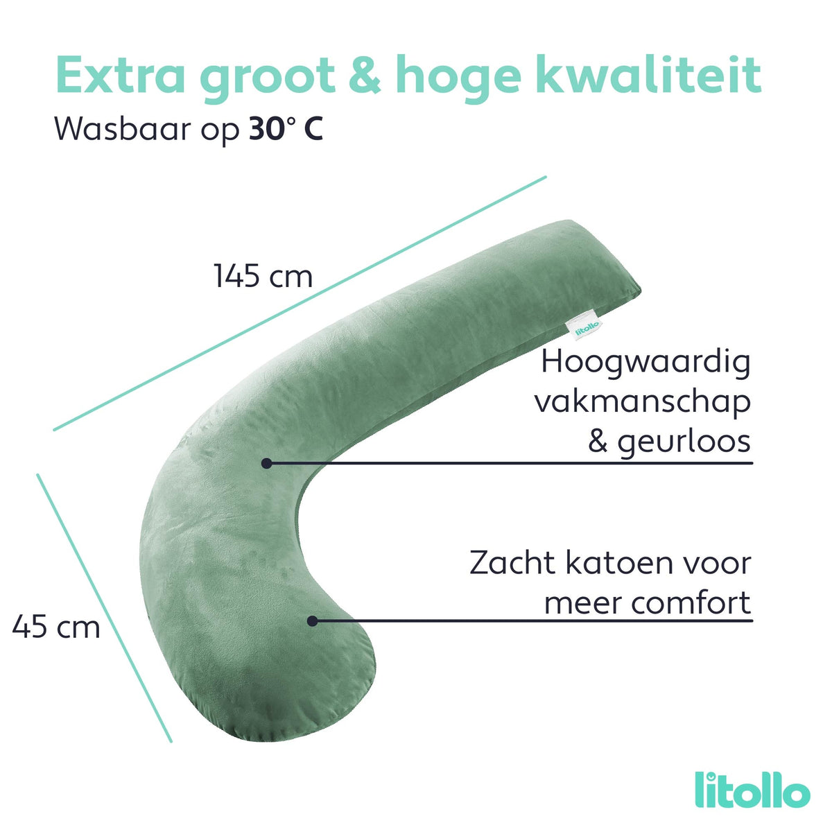 Litollo® Zwangerschapskussen (J-vorm) - Zijslaapkussen - Voedingskussen - Lichaamskussen - Body pillow - 145cm - Zachte fleece stof - Afneembare hoes - Olijfgroen