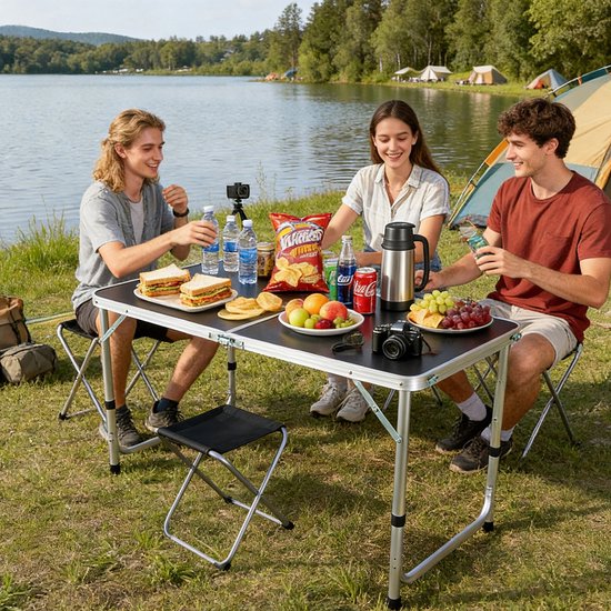 Campingtafel - met 4 stoeltjes - inklapbaar - verstelbaar - zwart